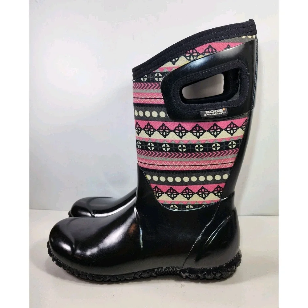 BOGS Classic Boots Pink Patternstripe Youth 5 Snow Rain Insulated Waterproof EUC
